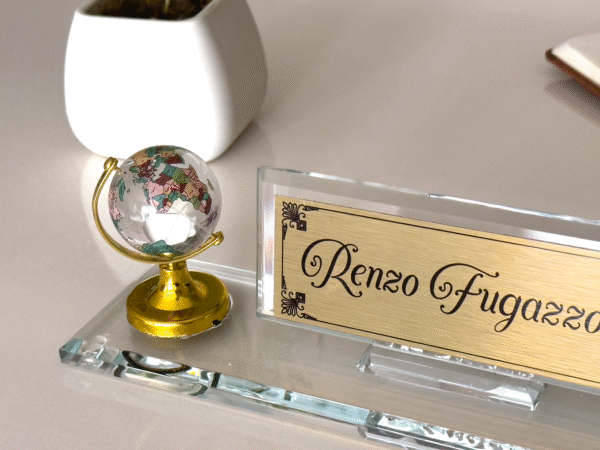Personalized Desk Name Plate in Glass Globe and Signature Pen Clear Glass