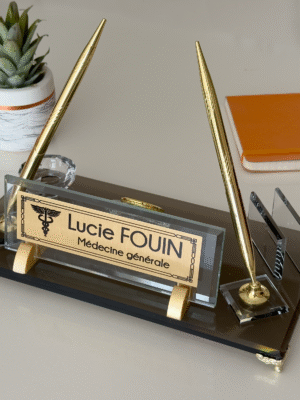 Desk Name Plate with Signature Pen, Business Card Holder Glass and Crystal Bowl