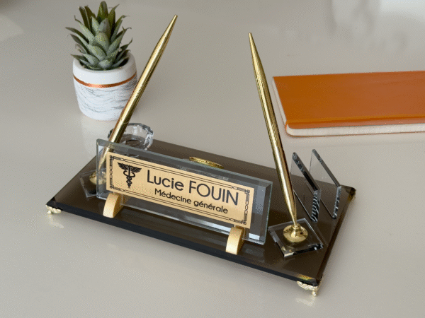 Desk Name Plate with Signature Pen, Business Card Holder Glass and Crystal Bowl