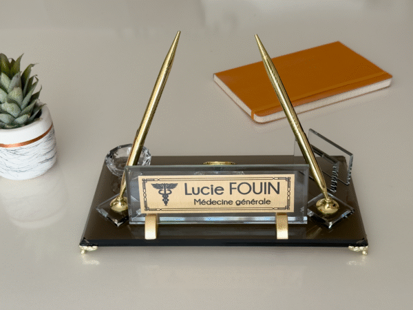 Desk Name Plate with Signature Pen, Business Card Holder Glass and Crystal Bowl