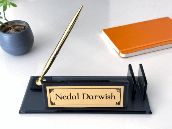 Custom Black Glass Desk Nameplate, Card Holder and Pen