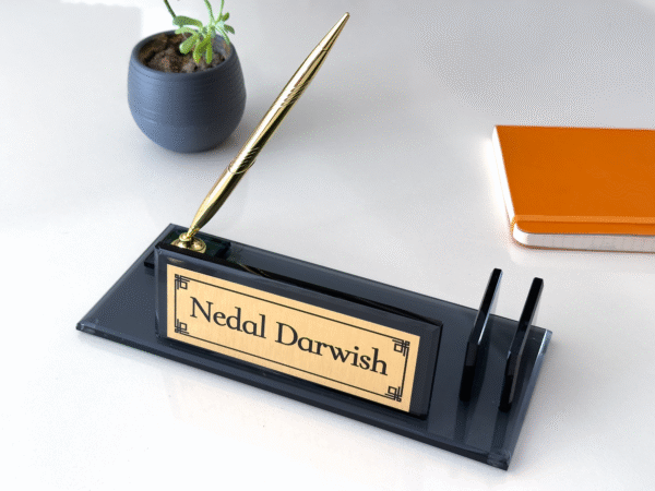 Desk name plate, pen and card holder