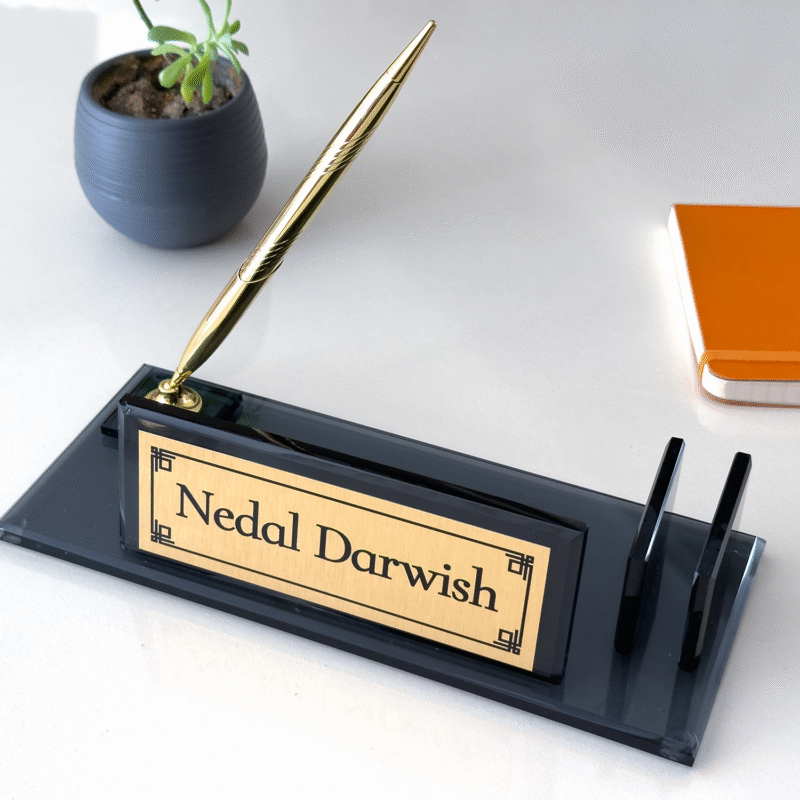 Desk name plate, pen and card holder