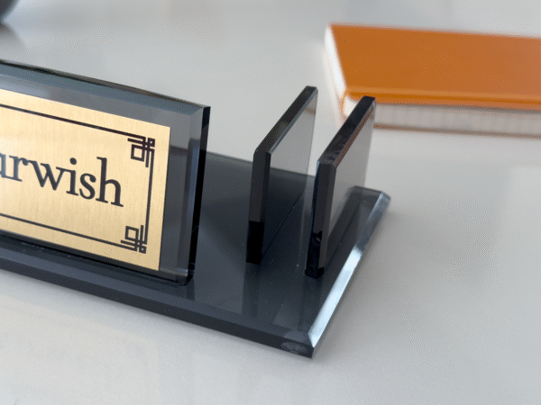 Custom Black Glass Desk Nameplate, Card Holder and Pen
