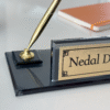Custom Black Glass Desk Nameplate, Card Holder and Pen