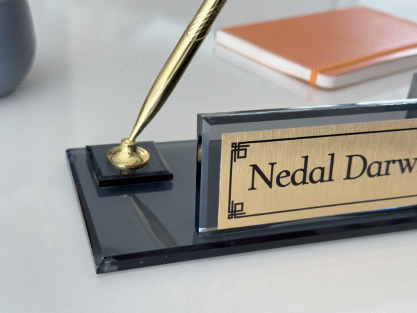 Custom Black Glass Desk Nameplate, Card Holder and Pen