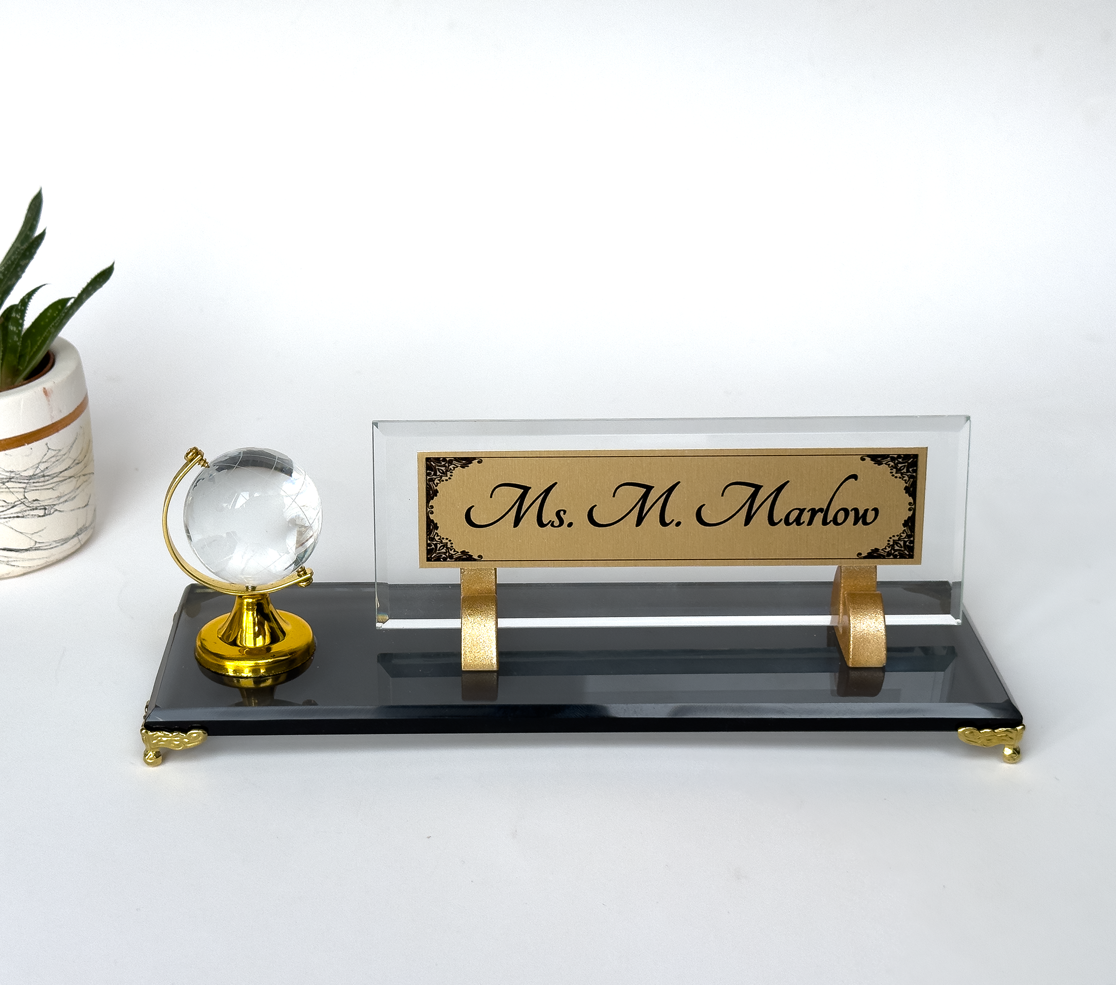 Personalized Desk Name Plate in Crystal Globe Style, Custom Office Desk Sign