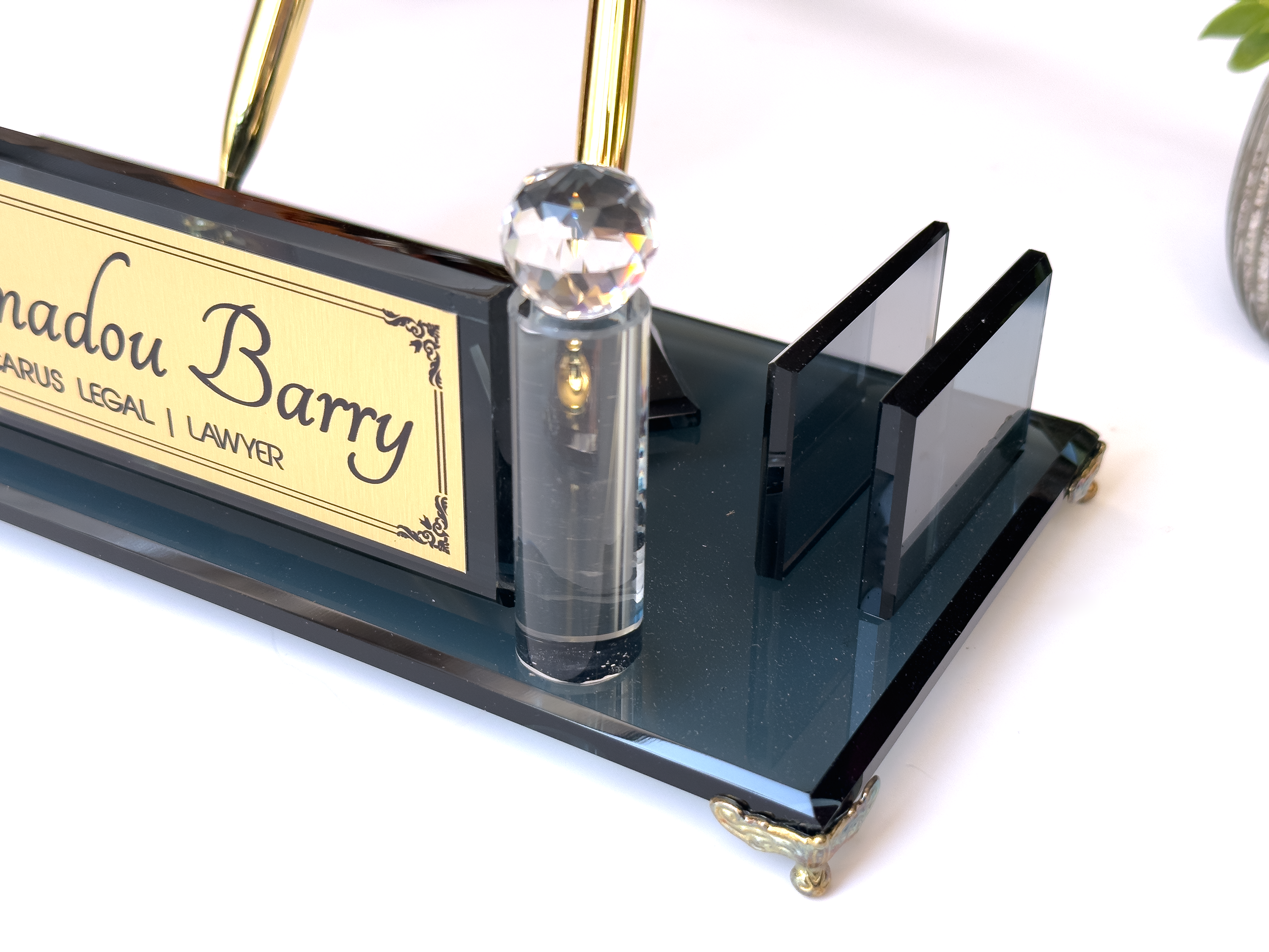 Custom Black Glass Desk Nameplate with Pen Set and Business Card Holder