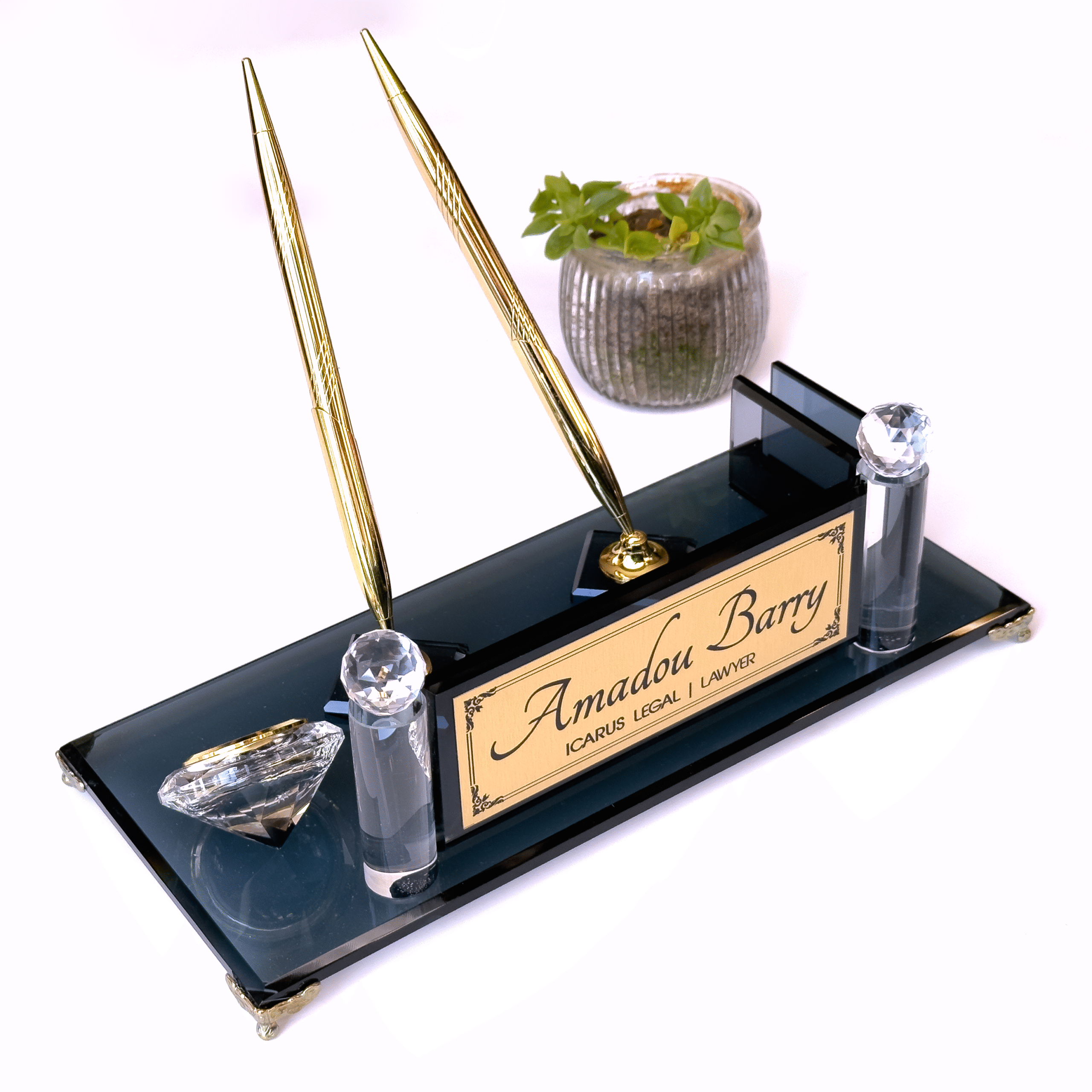 Custom Black Glass Desk Nameplate with Pen Set and Business Card Holder