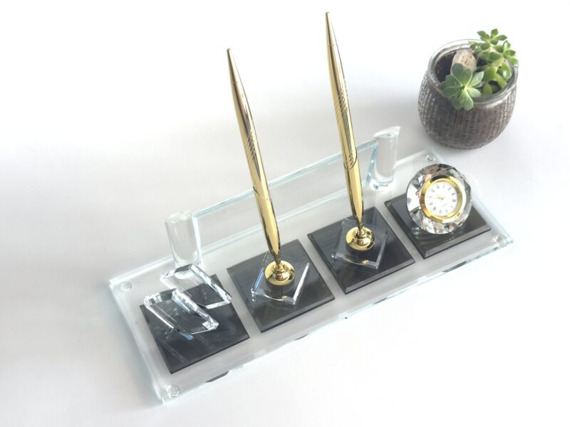 Crystal Desk Set 1.77 x 5.90 inches Clear Glass with Double Signature Pens and Card Holder