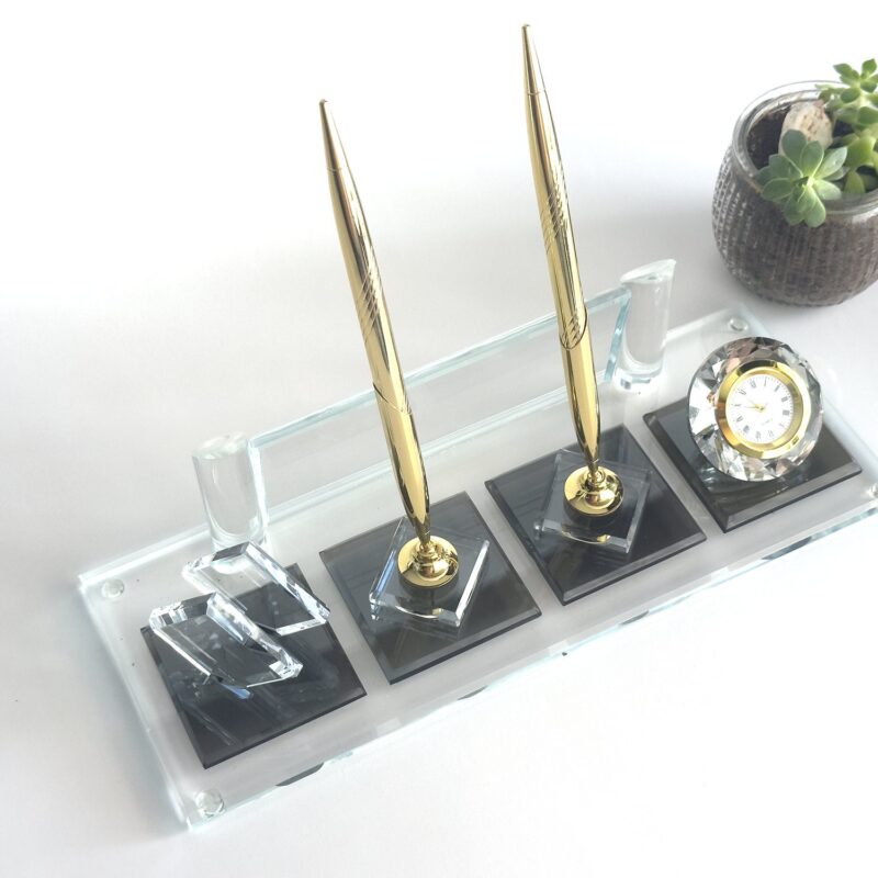 Crystal Desk Set 1.77 x 5.90 inches Clear Glass with Double Signature Pens and Card Holder