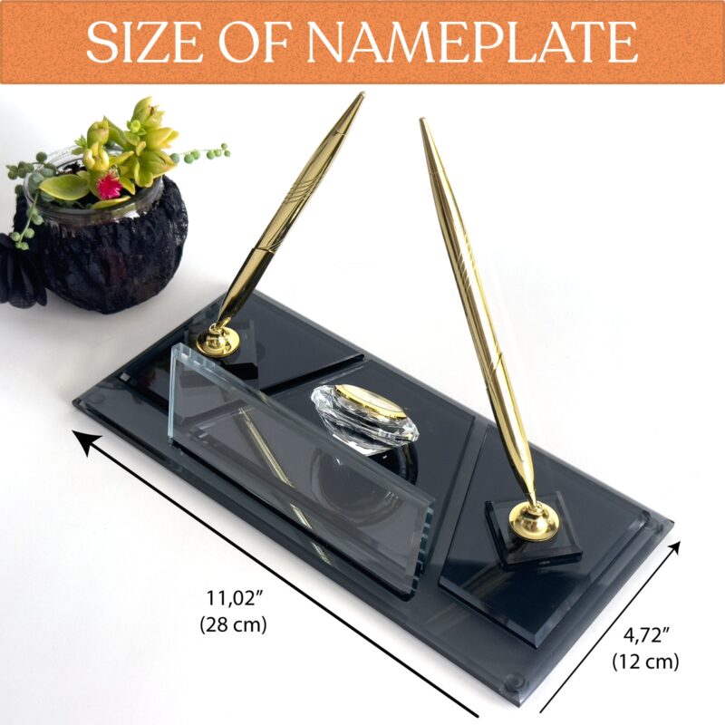 il_fullxfull.6089998544_6w4v.jpg Black Crystal Nameplate | 1.77 x 5.90 in | Gold Pen Set