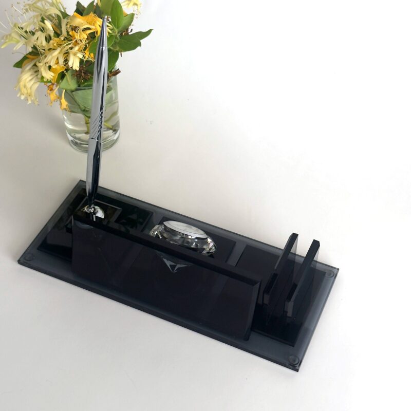Custom Glass Desk Name Plate with Logo 1.77 x 5.90 inches Black Crystal Set with Silver Clock Pen and Card Holder