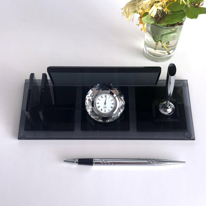 Custom Glass Desk Name Plate with Logo 1.77 x 5.90 in | Clock