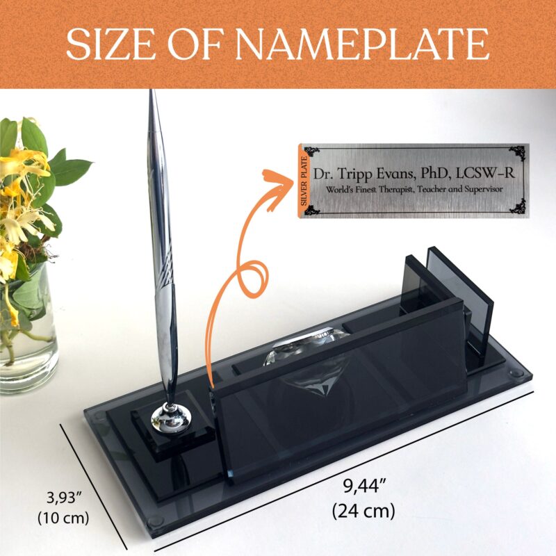 Custom Glass Desk Name Plate with Logo 1.77 x 5.90 in | Clock