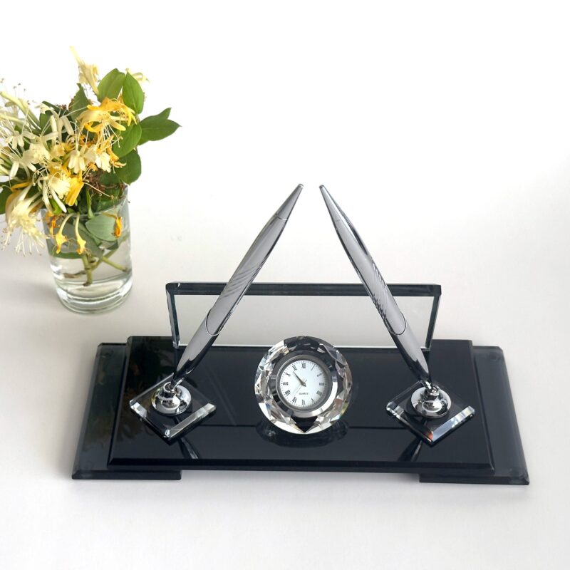 Lawyer Desk Accessory 1.77 x 5.90 inches Black Crystal Desk Nameplate with Silver Signature Pen Set