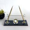 Custom Glass Desk Name Plate with Logo - Modern Tower Style Vertical Black Crystal with Pen Holder