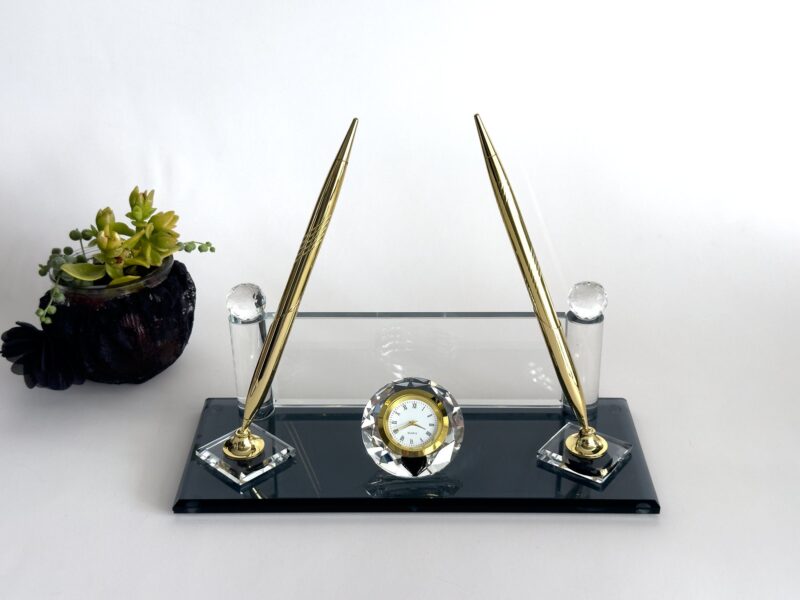Custom Glass Desk Name Plate with Logo - Modern Tower Style Vertical Black Crystal with Pen Holder