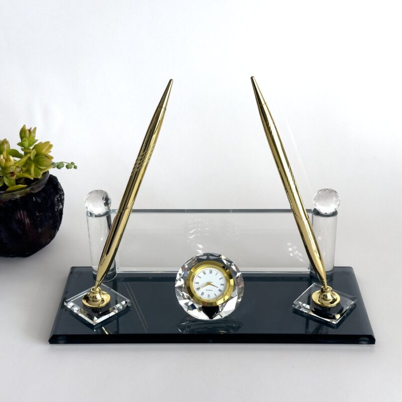Custom Glass Desk Name Plate with Logo - Modern Tower Style Vertical Black Crystal with Pen Holder
