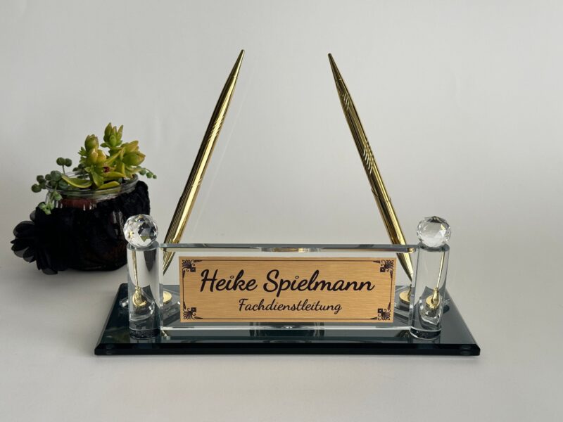Custom Glass Desk Name Plate with Logo | Vertical Tower Style (1.77 x 5.90 in)