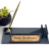 Black Crystal Nameplate 1.77 x 5.90 inches with Signature Pen and Business Card Holder