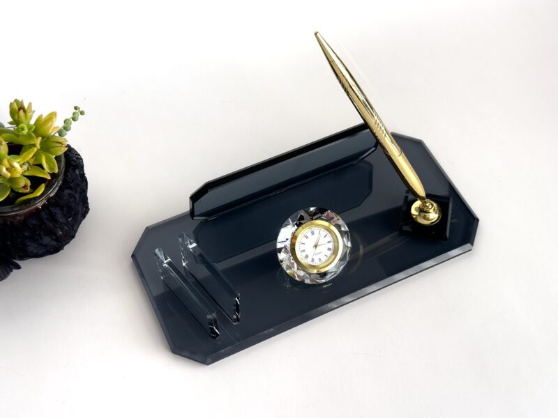 Custom Glass Desk Name Plate with Logo Cut Corner Black Crystal with Business Card Holder and Signature Pen