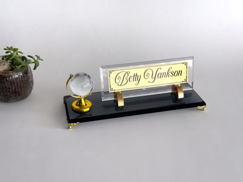 Custom Glass Desk Name Plate with Logo 1.77 x 5.90 inches Black Crystal Base with Spinning Crystal World Globe