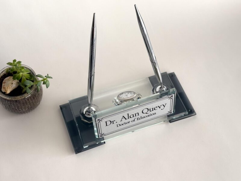Custom Glass Desk Name Plate with Logo 1.77 x 5.90 in | Silver