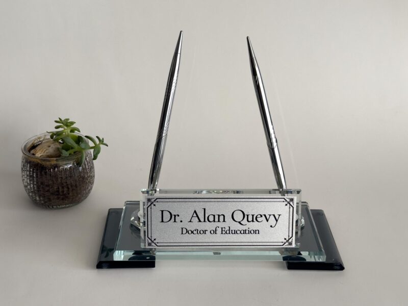 Custom Glass Desk Name Plate with Logo 1.77 x 5.90 in | Silver