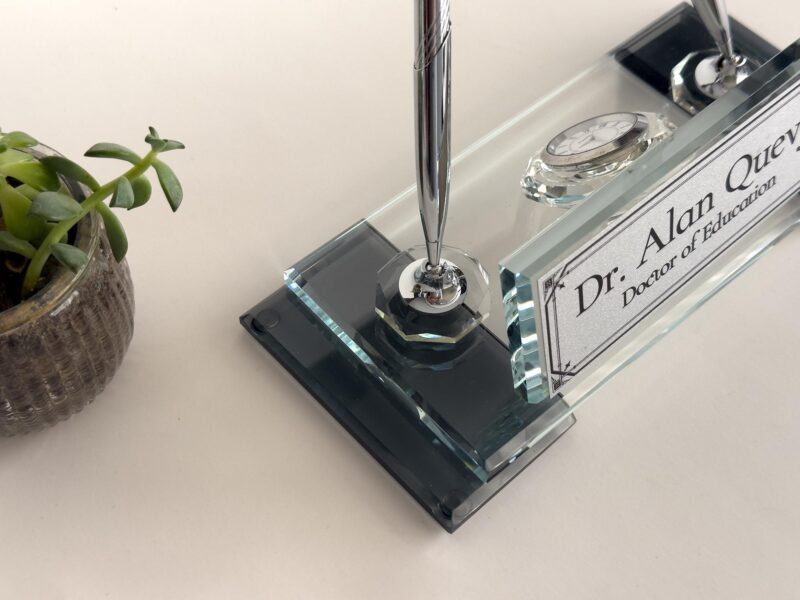 Custom Glass Desk Name Plate with Logo 1.77 x 5.90 in | Silver