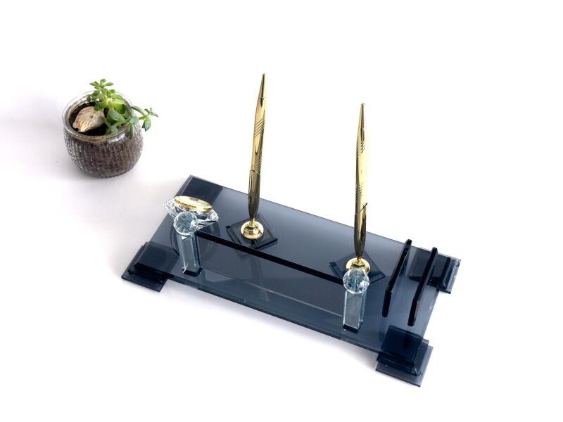 Black Crystal Desktop Name Plaque 1.77 x 5.90 in | Clock & Card Holder