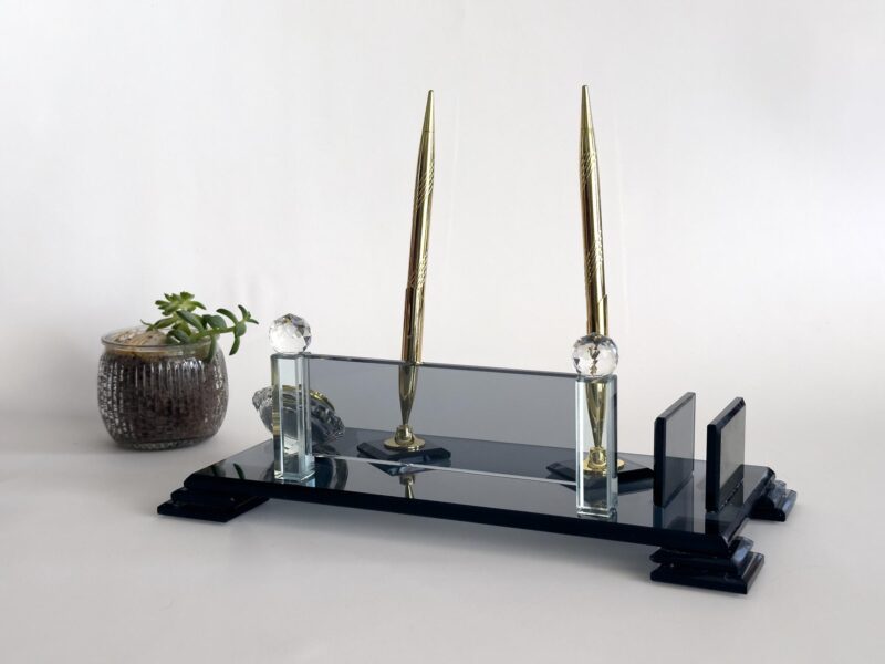 Black Crystal Desktop Name Plaque 1.77 x 5.90 in | Clock & Card Holder