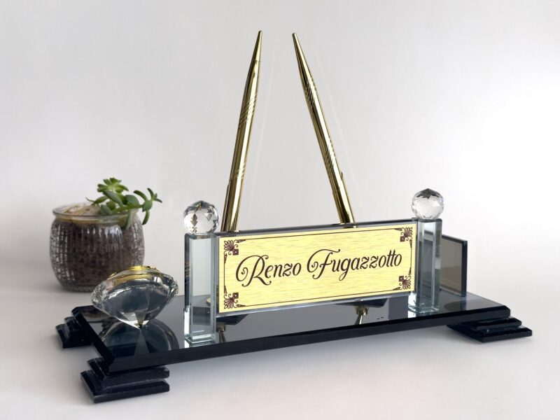 Custom Glass Desk Name Plate with Logo 1.77 x 5.90 inches Black Crystal Base with Clock and Card Holder