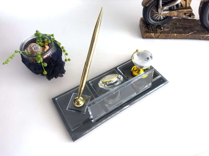 Doctor Nameplate with Logo 1.77 x 5.90 inch Premium Black Crystal with Golden Signature Pen and Symbolic Glass Earth Globe for Executive Medical Desks