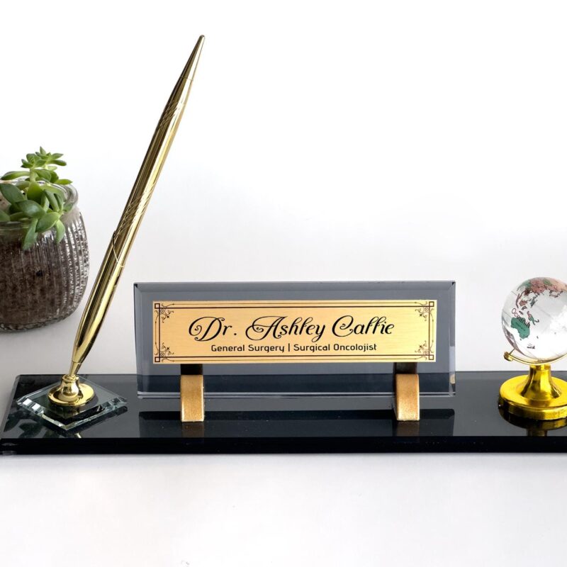 Doctor Name Sign 1.77 x 5.90 inch Premium Black Crystal with Colorful Spinning World Globe for Executive Medical Desks