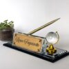 Custom Glass Desk Name Plate with Logo 1.77 x 5.90 inches Black Crystal Base with Etched Crystal World Globe