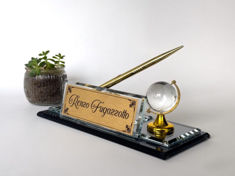 Custom Glass Desk Name Plate with Logo 1.77 x 5.90 inches Black Crystal Base with Etched Crystal World Globe