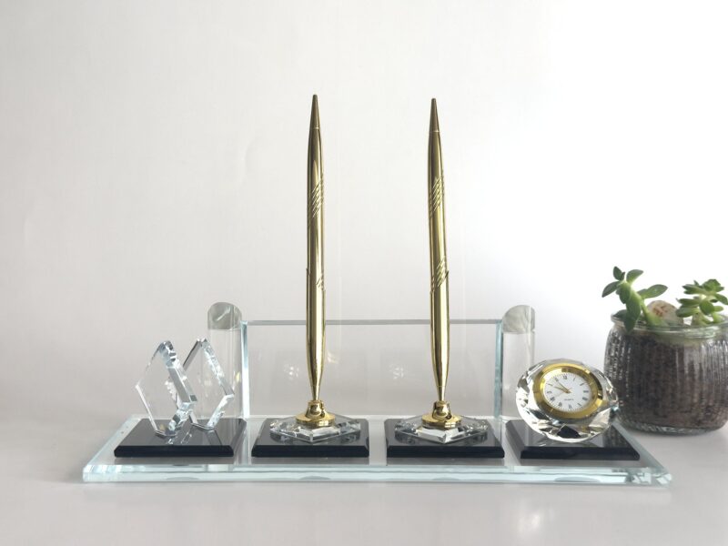 Custom Desk Organizer Set 1.77 x 5.90 inch Premium Clear Crystal Glass with Integrated Card Holder and Golden Plate for Executive Desks