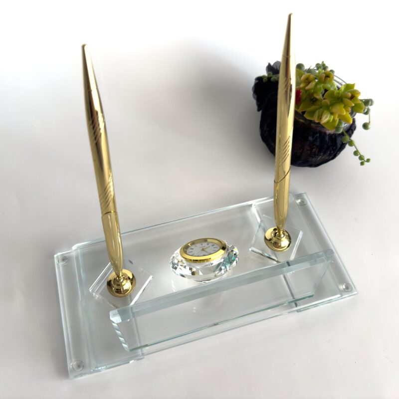 Custom Glass Desk Name Plate 1.77 x 5.90 inch Premium Clear Crystal Glass with Golden Signature Pen for Modern Executive Desks
