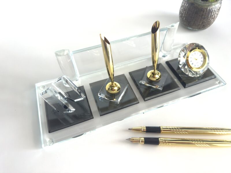 Crystal Desk Set 1.77 x 5.90 in | Double Pen & Card Holder