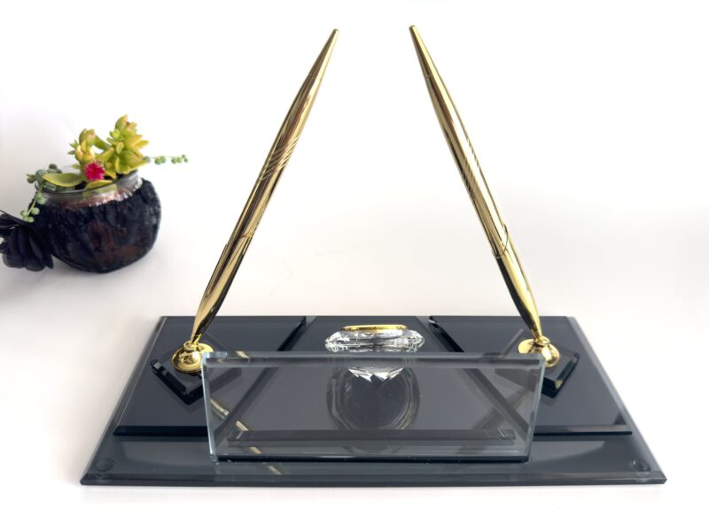 Black Crystal Nameplate 1.77 x 5.90 inch Premium Glass Desk Organizer with Integrated Gold Signature Pen Set for Executive Desks Black Crystal Nameplate 1.77 x 5.90 inch Premium Glass Desk Organizer with Integrated Gold Signature Pen Set for Executive Desks