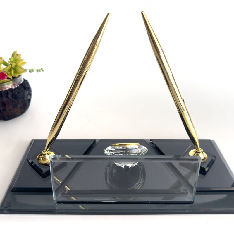 Black Crystal Nameplate 1.77 x 5.90 inch Premium Glass Desk Organizer with Integrated Gold Signature Pen Set for Executive Desks