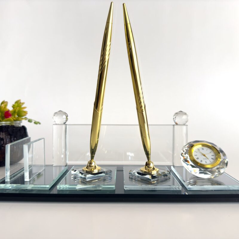 Desk Name Plate with Pen Set 1.77 x 5.90 inch Premium Black Crystal with Integrated Card Holder and Signature Pens for Executive Desks