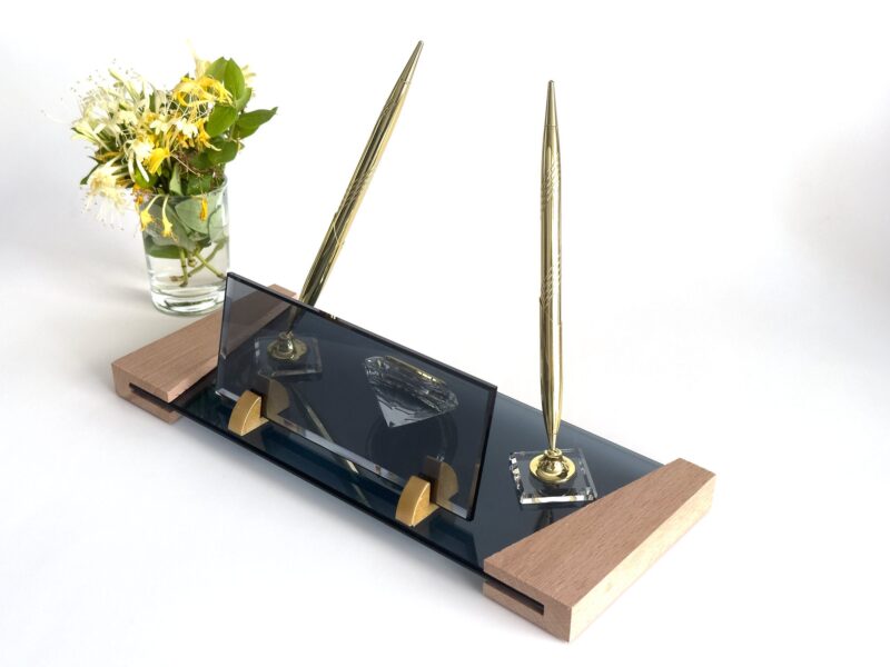 Personalized Executive Gift for Office 1.77 x 5.90 inches Natural Wood and Crystal Glass Desk Nameplate with Pen Set Personalized Executive Gift for Office 1.77 x 5.90 inches Natural Wood and Crystal Glass Desk Nameplate with Pen Set