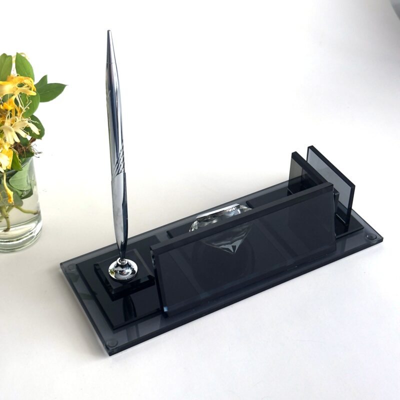 Custom Glass Desk Name Plate with Logo 1.77 x 5.90 inches Black Crystal Base with Clock Pen and Card Holder