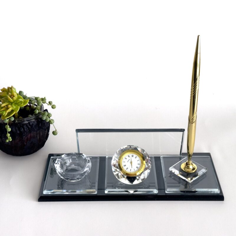 Custom Glass Desk Name Plate with Logo 1.77 x 5.90 inches Black Crystal with Gold Clock Pen and Mini Bowl