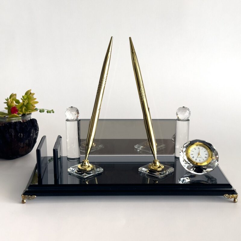 Custom Glass Desk Name Plate with Logo 1.77 x 5.90 inches Black Crystal Base with Pen and Card Holder for CEO