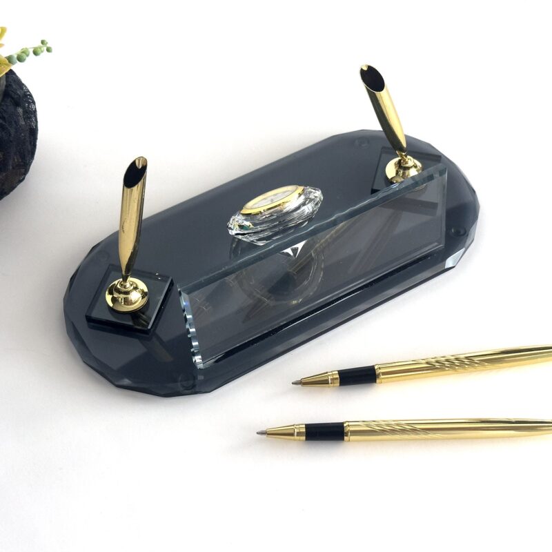 Custom Glass Nameplate 1.77 x 5.90 inches Oval Black Crystal with Golden Signature Pen