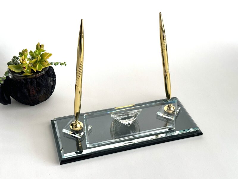 Custom Glass Desk Name Plate 1.77 x 5.90 inch Double-Layered Premium Clear and Black Crystal Glass with Golden Signature Pen for Executive Desks