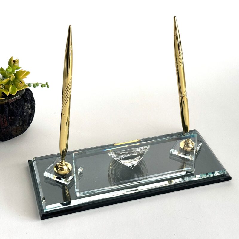 Custom Glass Desk Name Plate 1.77 x 5.90 inch Double-Layered Premium Clear and Black Crystal Glass with Golden Signature Pen for Executive Desks